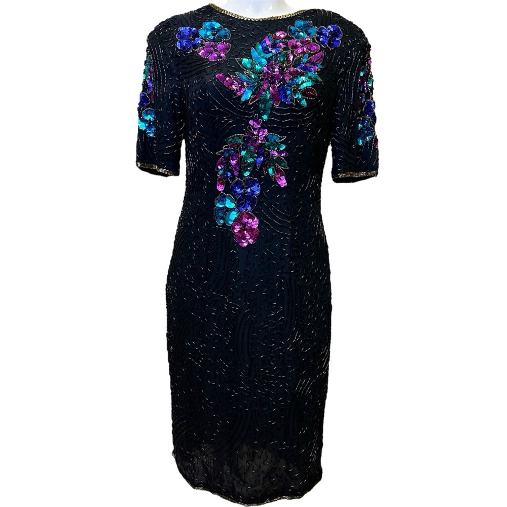 Vintage 80s Glam Black Beaded & Sequin Cocktail Dress Flowers 80s Silk